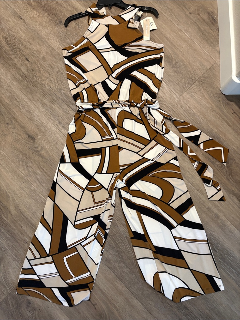 Chico's Brown, Black & White Geometric Halter Jumpsuit